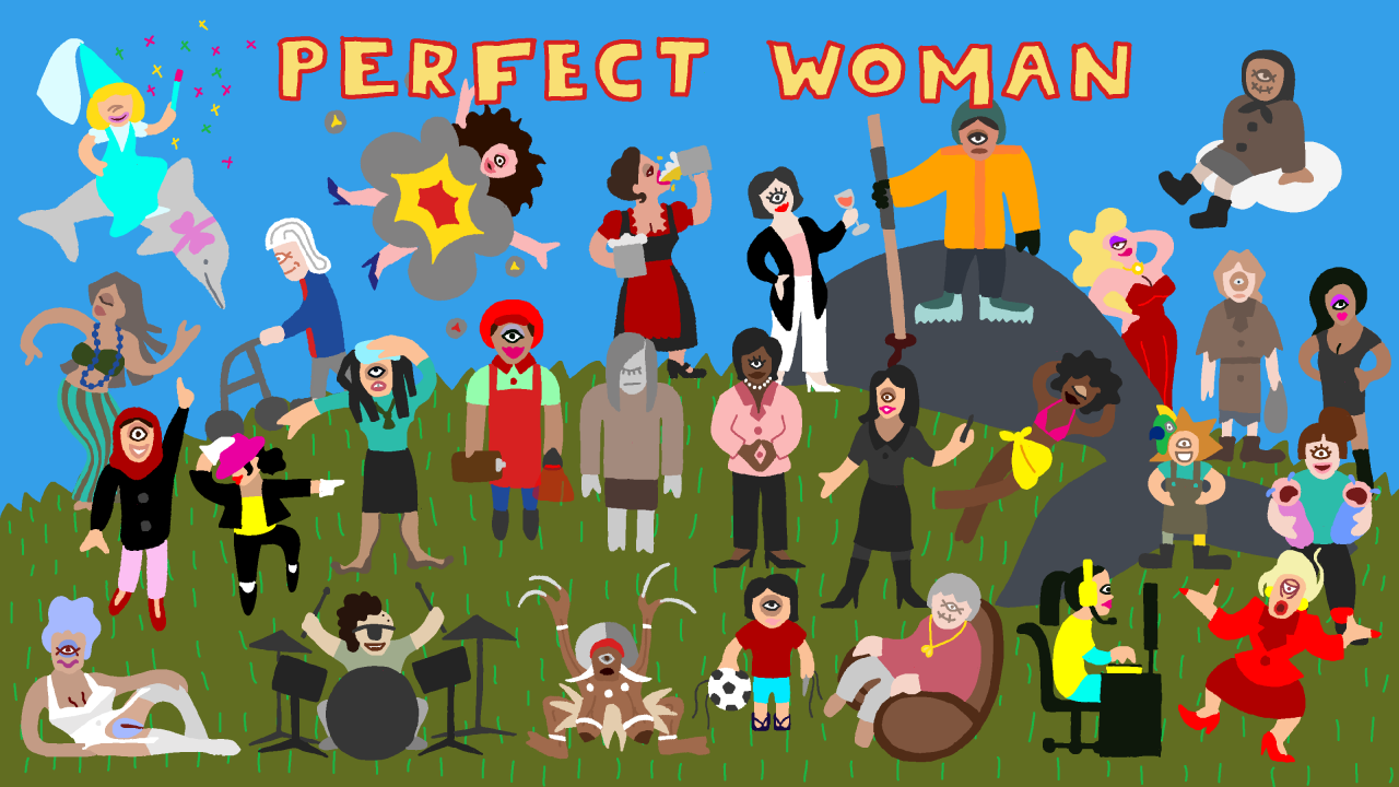 《完美女人》是對女性--也包括男性--每天都要面對的刻板的角色模型和社會要求進行諷刺的遊戲。