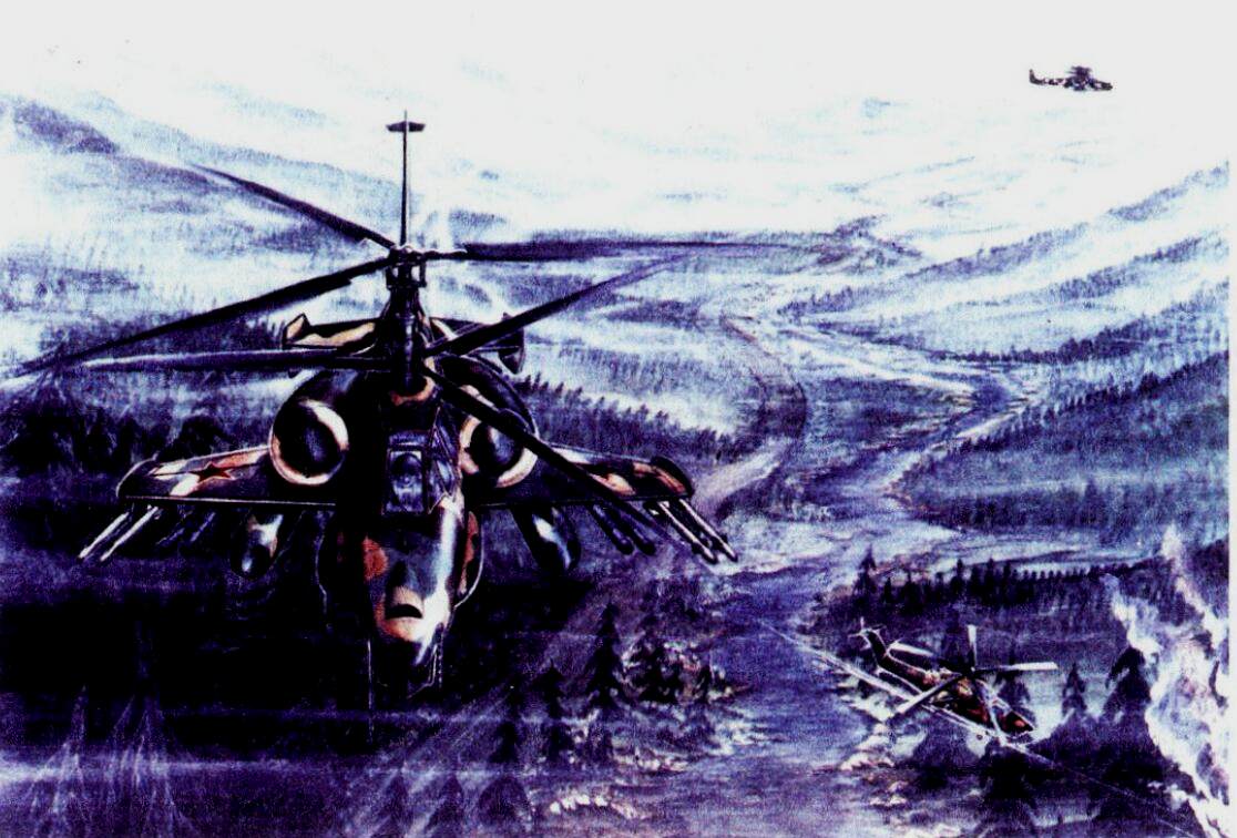 1987年美国国防部相关报告中出现的Ka-50想象图。情报单位认为这是一种专为直升机空战设计，最高航速190节的机型。