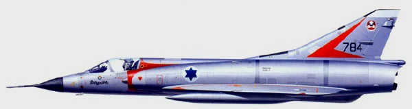 罗南的“幻影”III，呼号“天火”84，当时以色列空军还统一使用法国的涂装，机头的约旦机徽是他的首个击落标记