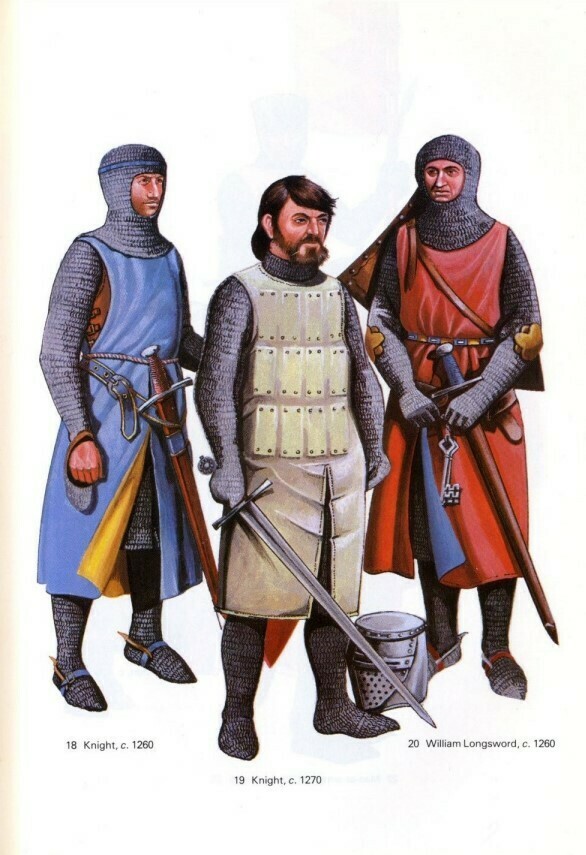 中间的骑士身着的就是早期板甲衣，可以看到钉在罩袍内部的甲片