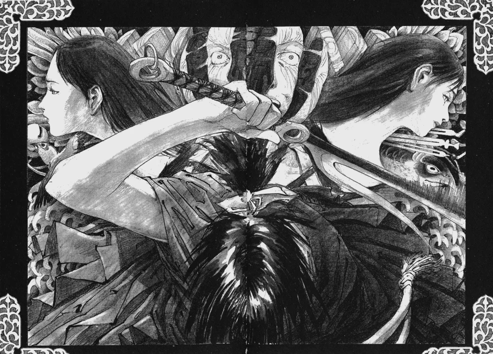 沙村广明版画风格的处决镜头相当惊艳。甚至还有万次自己被处决的画面。