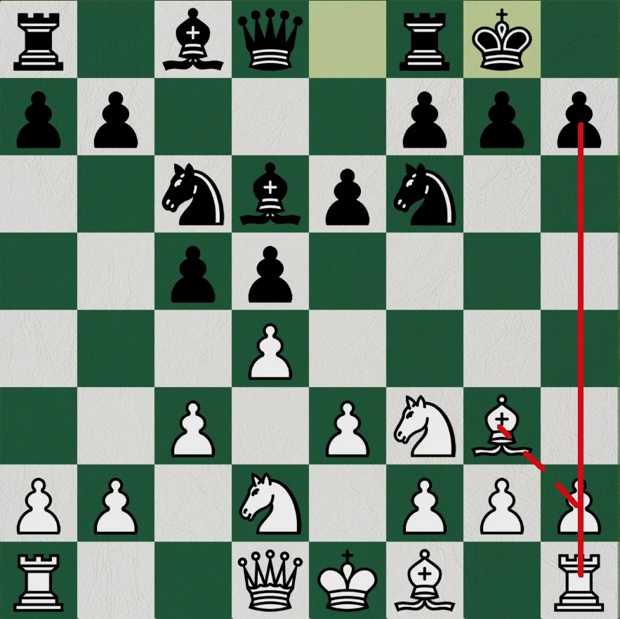 白方Bg3. 退回，仍然保持e5在主教的攻击范围内，但如果对方兑子，则白方有尚未动员的h兵可以消解，还开放了h列战车的通道。黑方易位。