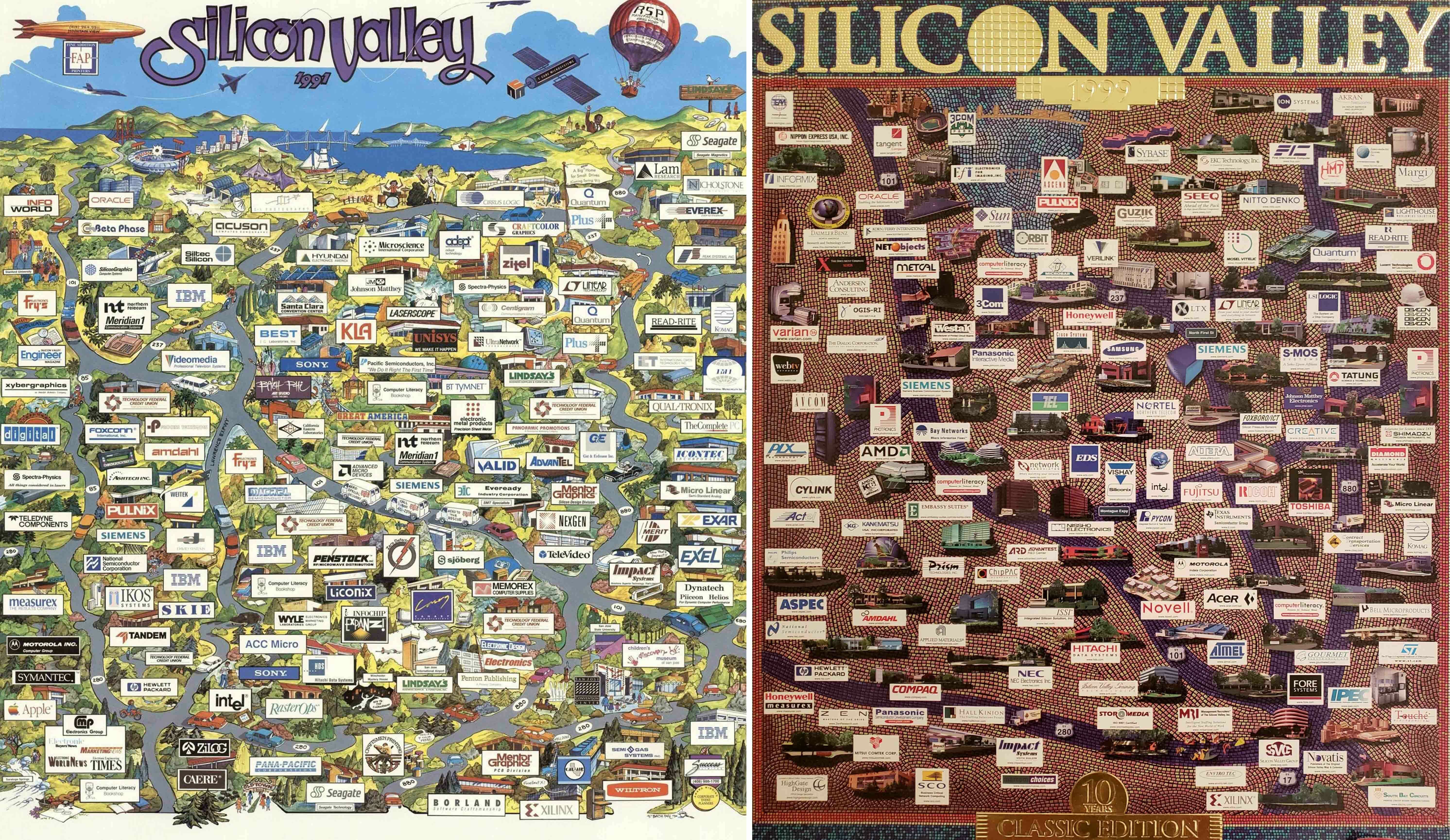 1991 年与 1999 年，美国旧金山硅谷企业分布对比/图：Reddit
