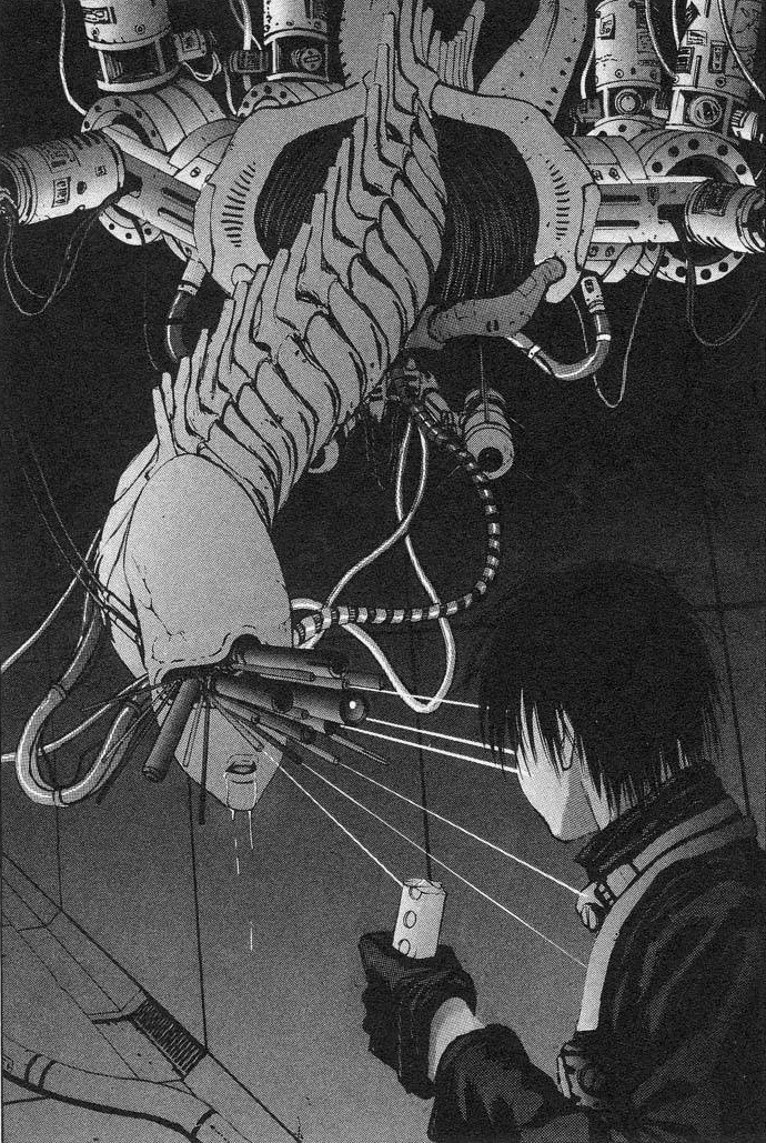 Blame！中的硅素生物拥有比一般人类更先进的技术，自然也制造机械和AI，图中是硅素生物的育儿机械，其中骨节与仿生等特征与建造者等人造机械的差别耐人寻味