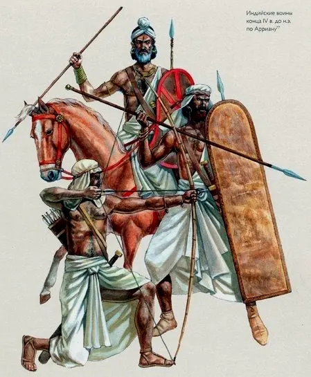 印度长矛兵，轻骑兵和弓箭手。印度长弓由竹子制作，造型细长，这把强弓凭借着铁制箭头甚至可以射穿马其顿的盾牌和盔甲