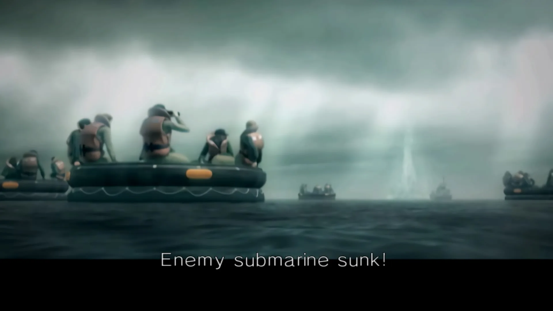 Kestrel的船员对袭击他们的Yuktobania潜艇被击沉冒出的水柱欢呼