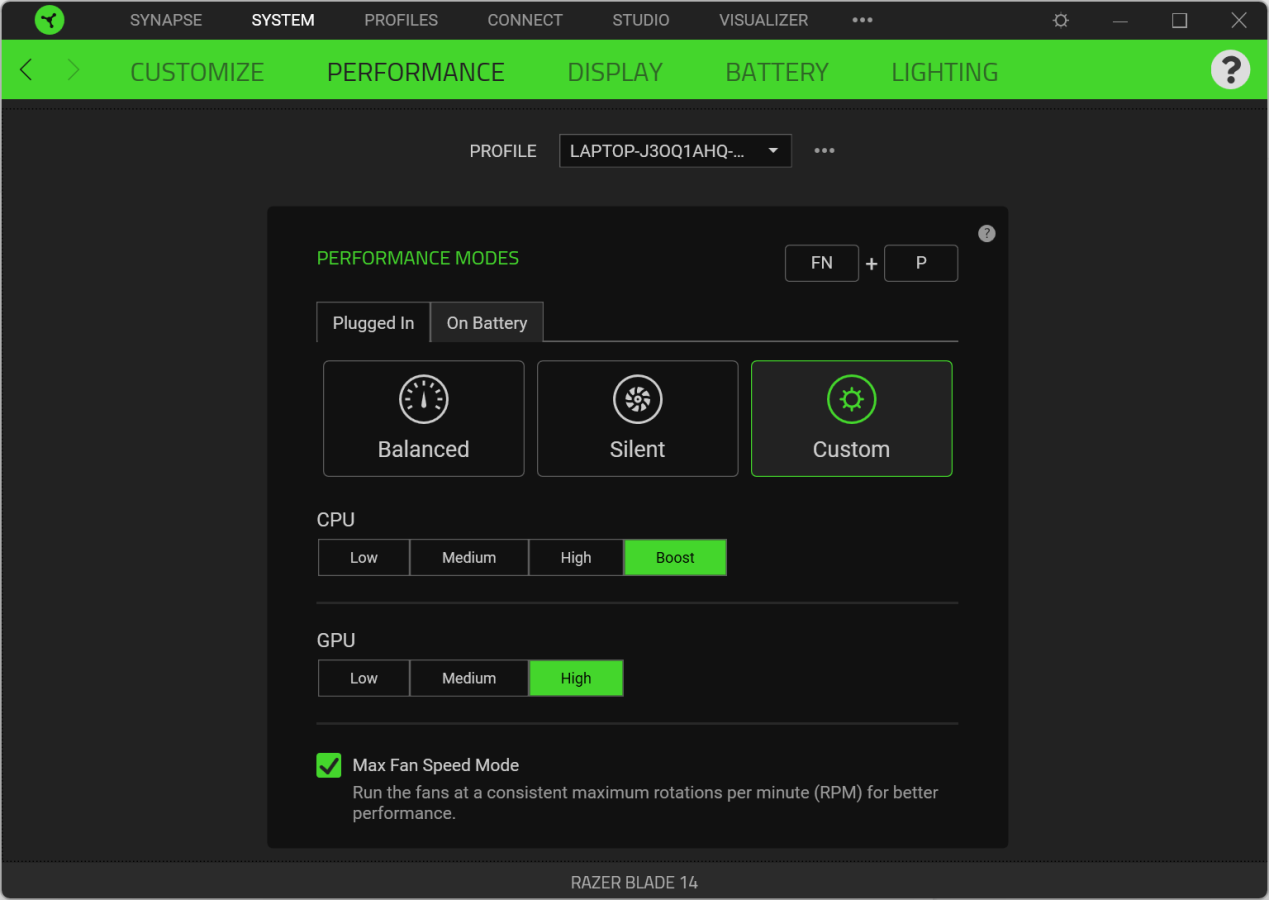 ▲测试之前,我们通过灵刃14 2023自带的Razer Synapse雷云软件手动将系统性能模式设定为最高,以便它发挥出全部性能。