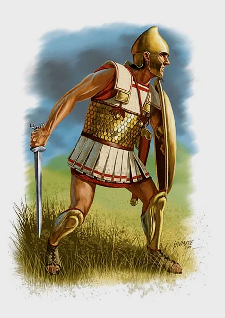 博斯普兰的希腊重步兵，他虽然还装备着希腊头盔和护胫，但是他已经采用了斯基泰风格的鳞甲和剑