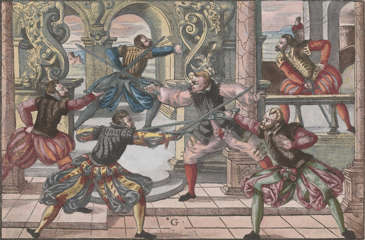 图中右侧的剑士绕开了对手的武器，将剑尖成功刺入目标