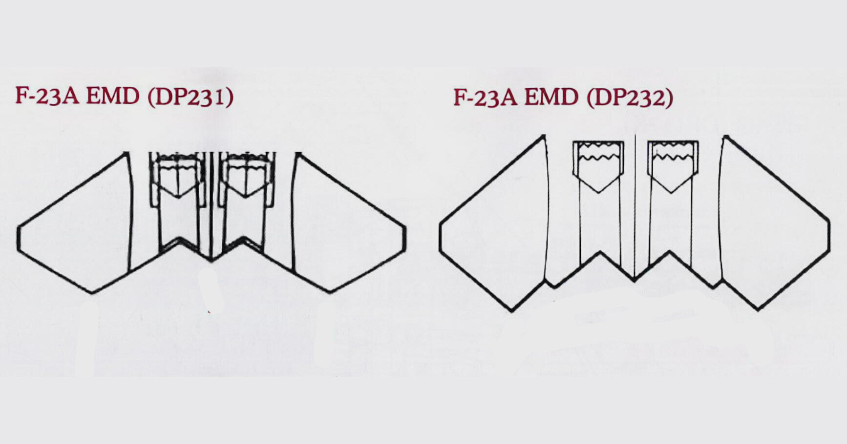 搭载不同发动机的F-23A EMD的机尾后缘外形有所不同。DP231上，后缘尖齿简化为3个。