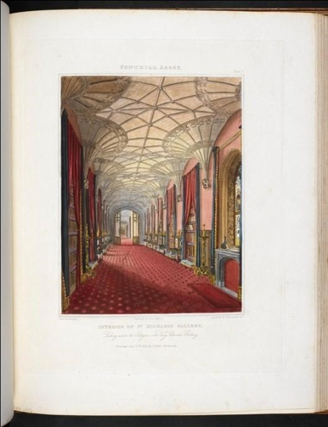 圖 6. 聖邁克爾長廊（St. Michael Gallery）內部，從八角形長廊望向愛德華國王長廊（Rutter 1823b）@ 公共領域，大英圖書館，一般參考資料收藏 191.e.6。