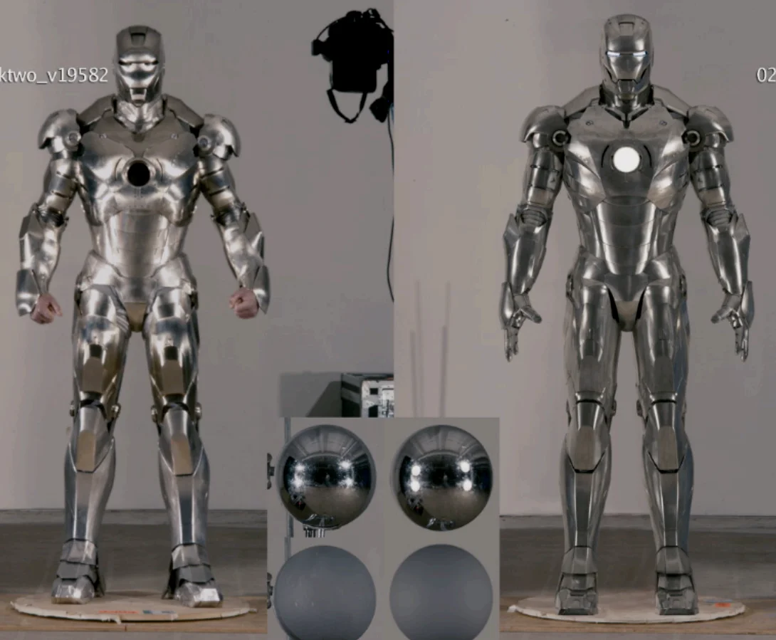 工业光魔在钢铁侠1时期用HDR尝试在CG中匹配真实的MK2动力甲，左边为实拍，右边是CG via Image-Based Lighting and Physical Shading at ILM (Ben Snow)