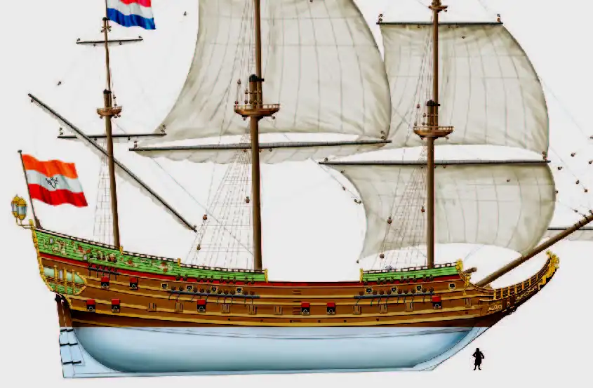 1643年的VOC武装商船奥兰治号（Orangen），该船体积庞大，配备18磅炮28门，12磅炮28门，6磅炮12门