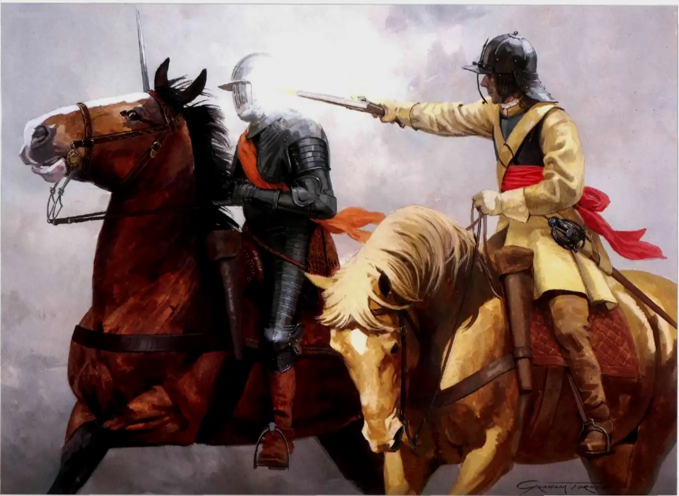 这是一场发生在1643年6月13日英国的对决，一方是保皇党的火枪骑兵，一方是议会党的胸甲骑兵。即使无法用剑和手枪杀伤敌人，火枪骑兵的机动性最后帮助他取得了胜利