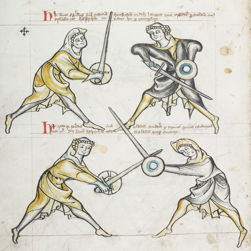 《I. 33》手稿主要描绘了使用武装剑搭配小盾的战斗方式，画面中人物均穿着日常衣物，因此属于无甲剑术体系
