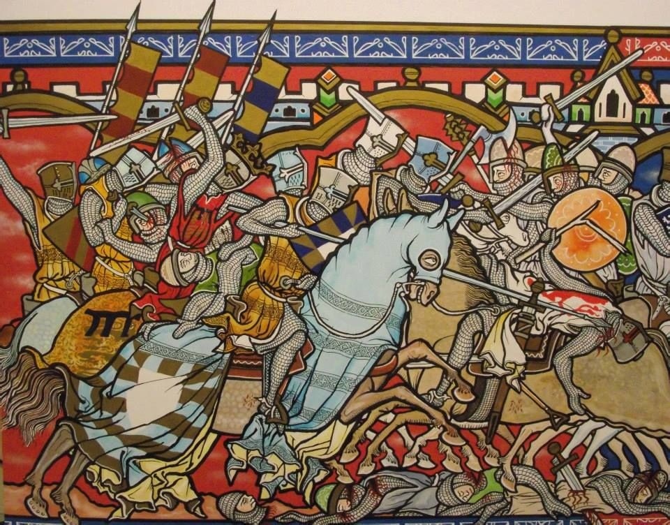 中世纪的图画，描述了两拨骑士对砍的场景（一方是桶盔+锁甲+鸢盾，一方是更为早期的圆盔+锁甲+圆盾）。可见当时的长剑主要还是以劈砍作为攻击手段。因为画风的原因，画中人物的眼神都很喜感，正中身披蓝色马衣的战马表情尤其猥琐。