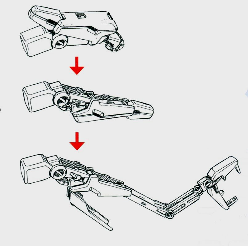 RX-78GP03S的前臂可以通过展开前臂的内部骨架，让手肘部分的机械爪大幅伸长。虽然并非本意，不过整个手臂的骨架设计已经相当接近之后第二世代MS的可动框架概念，外部装甲不再作为前臂的支撑结构。
