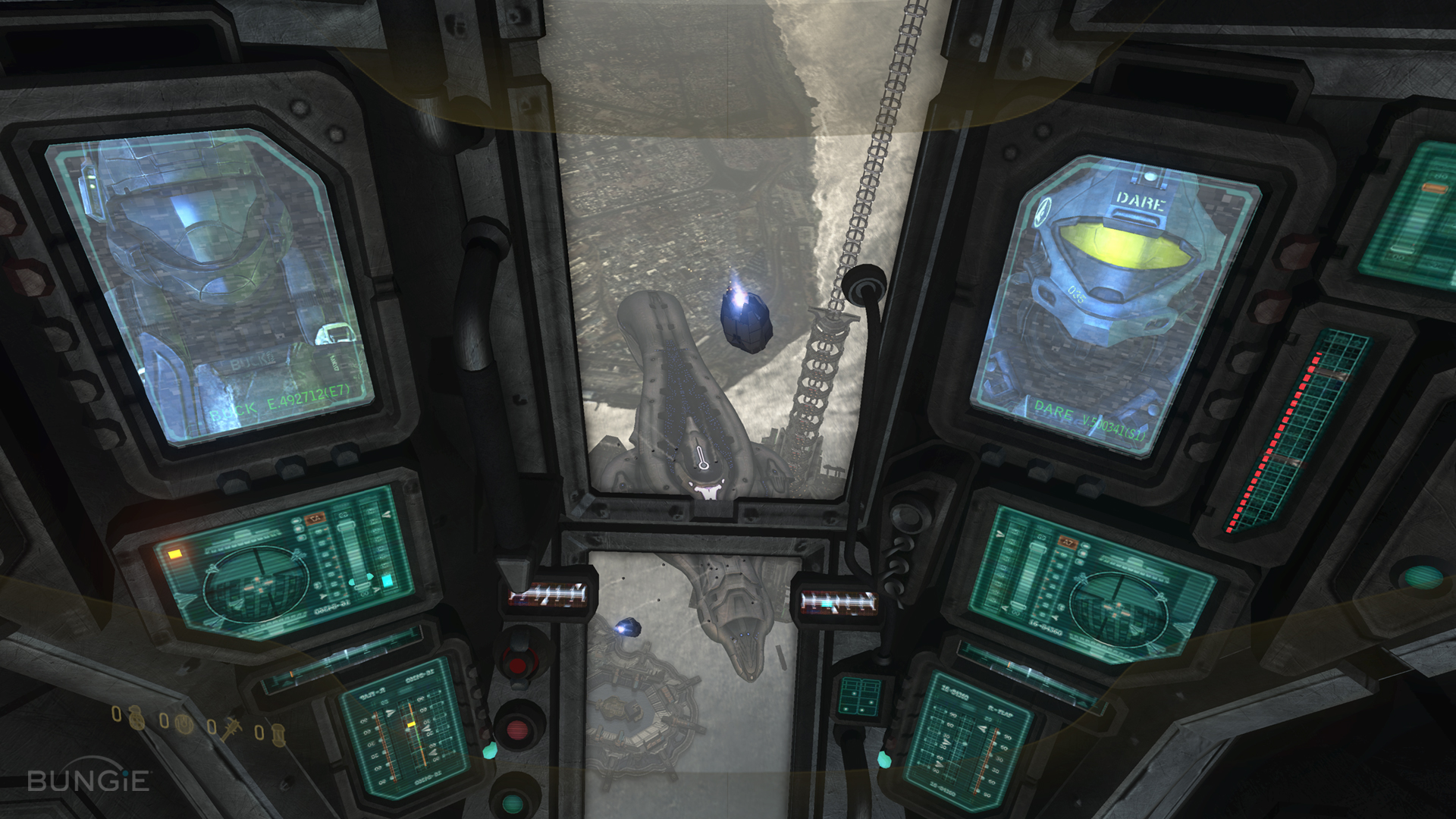 《光环3：地狱伞兵》中从ODST空降仓内可以看到即将跃迁的庄严忏悔号