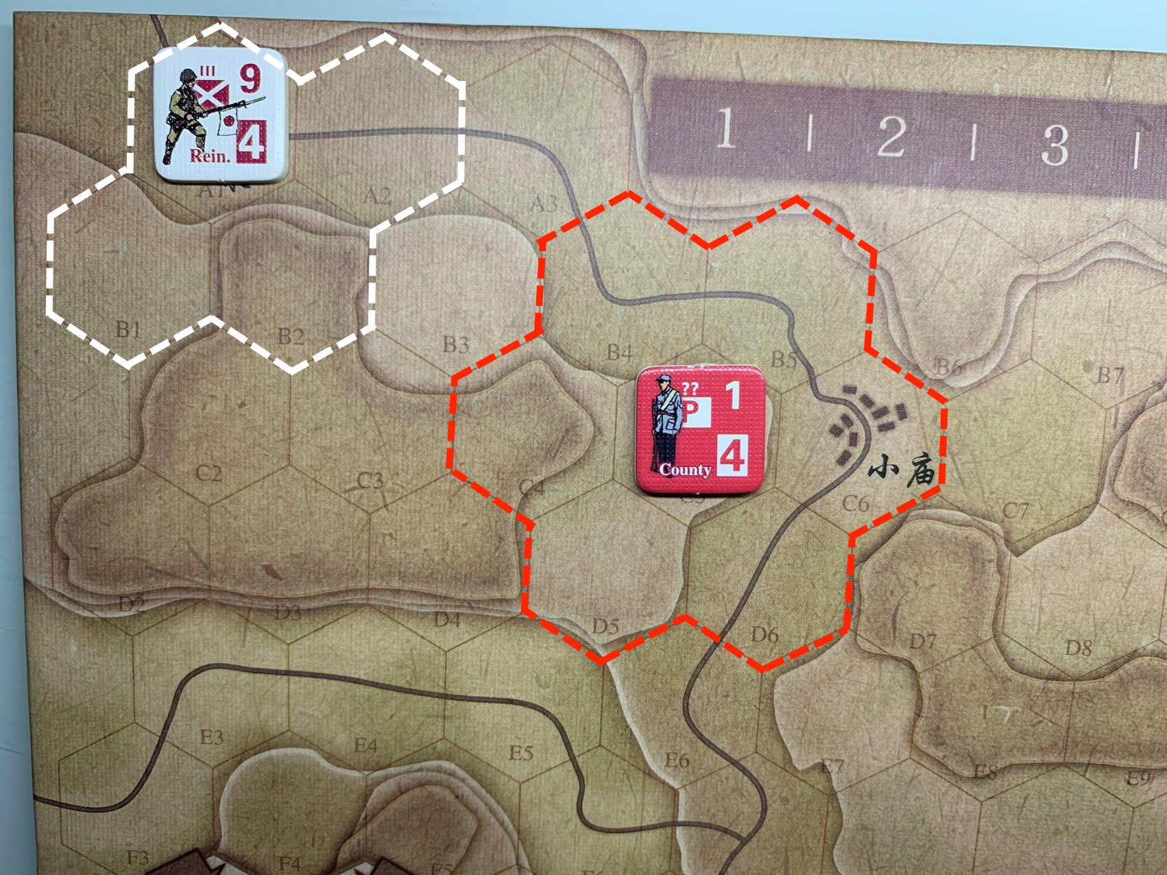 举个例子，图上虚线部分框出的区域，分别为日军增援部队控制区（白）和共军游击队控制区（红）