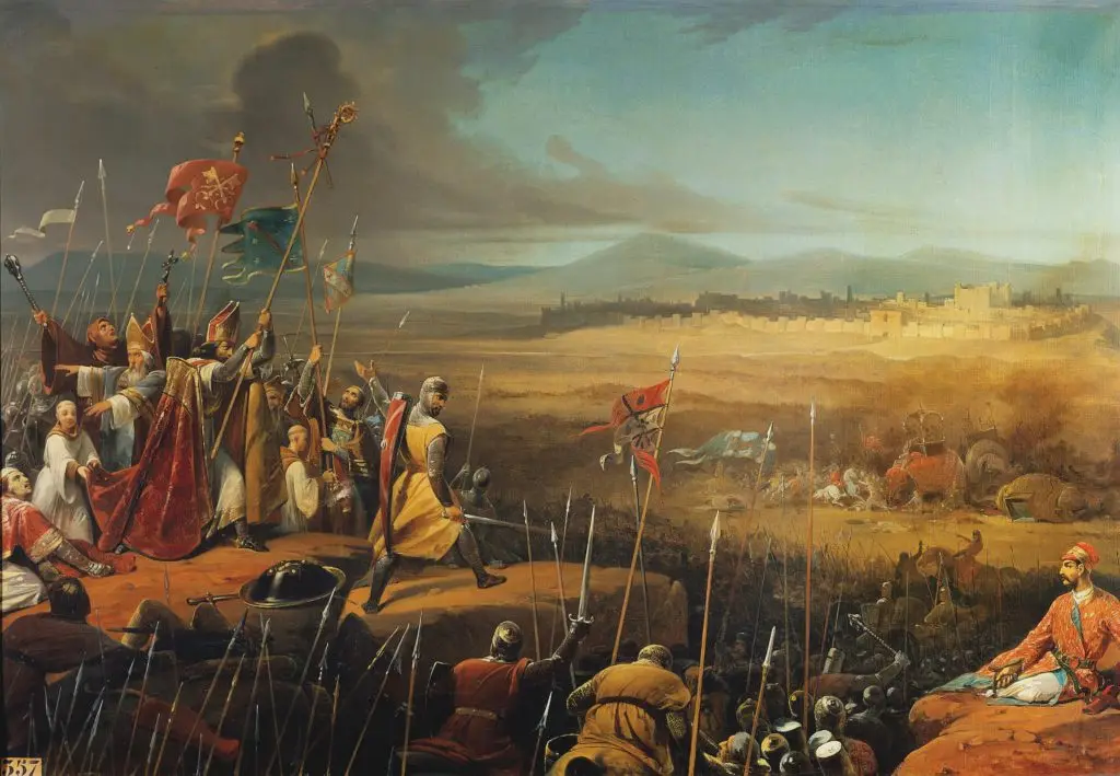 安提阿围城绘画，传说当十字军举着圣枪出城迎战期间，顿时风声大作，杀出数百名白衣白马的骑士击溃敌军，随后白衣骑士们又突然消失（这当然毫无根据可言）