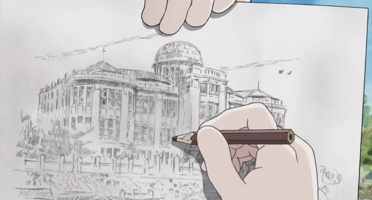 小铃手绘的爆炸前的广岛医院，取材于战前的照片
