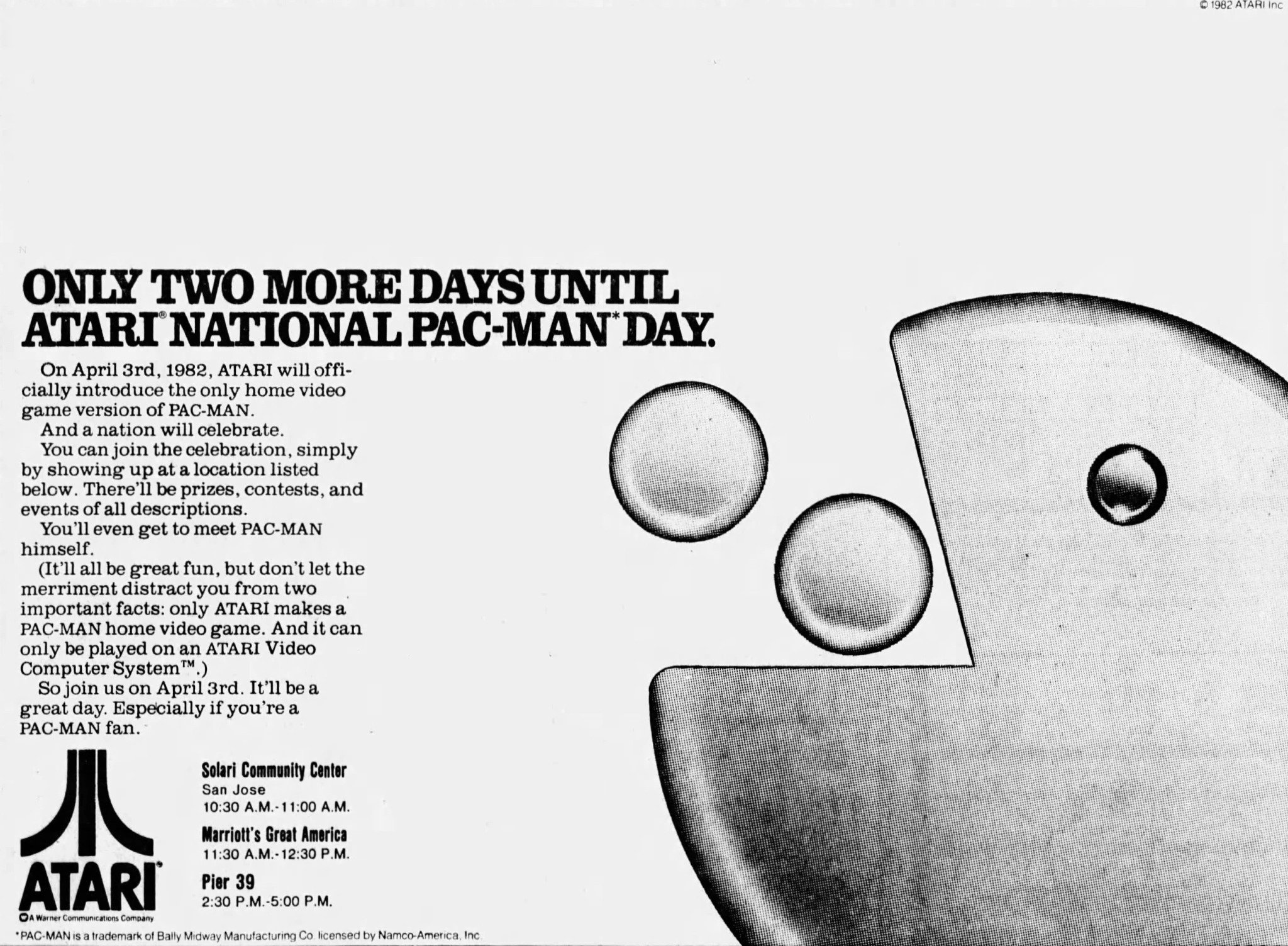 1982-04-01，《舊金山考察報》第F5頁，在“全國吃豆人日”開始前兩天放出的整版廣告。