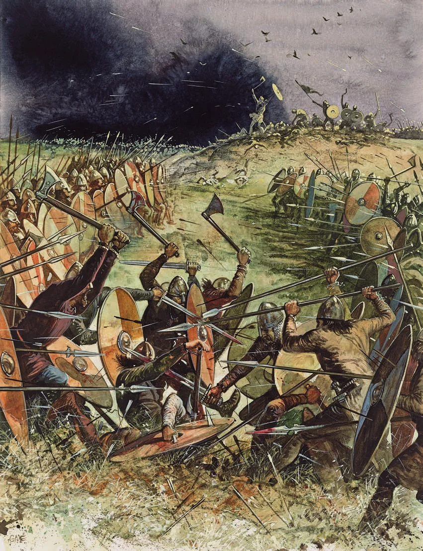 937年的布鲁南堡之战，左侧为埃塞尔斯坦的撒克逊军队，右侧为爱尔兰-苏格兰-维京联军，可见双方都出动了为数不少的斧兵