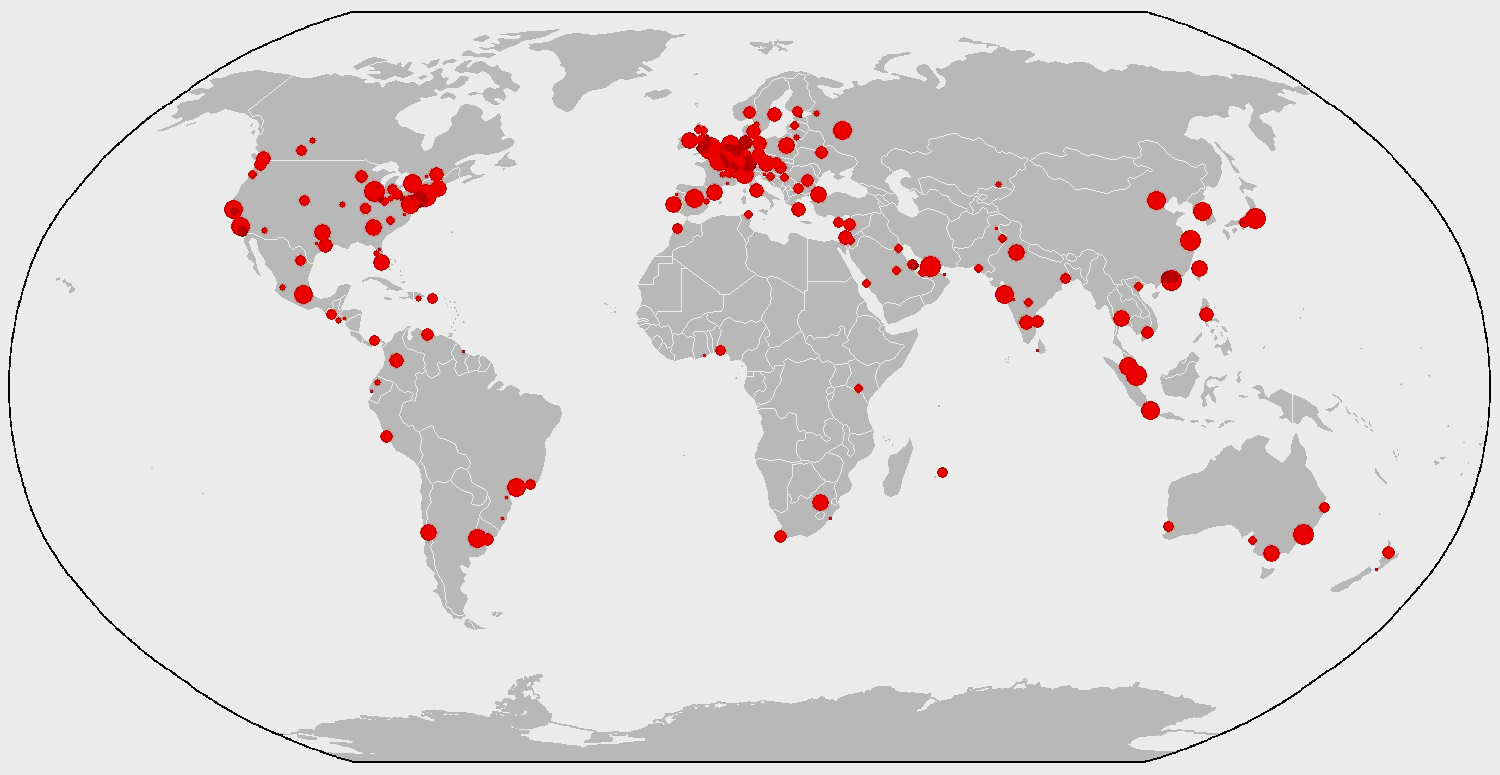 图为全球城市分布（2010年）。按重要程度分为Alpha、Beta、Gamma三级