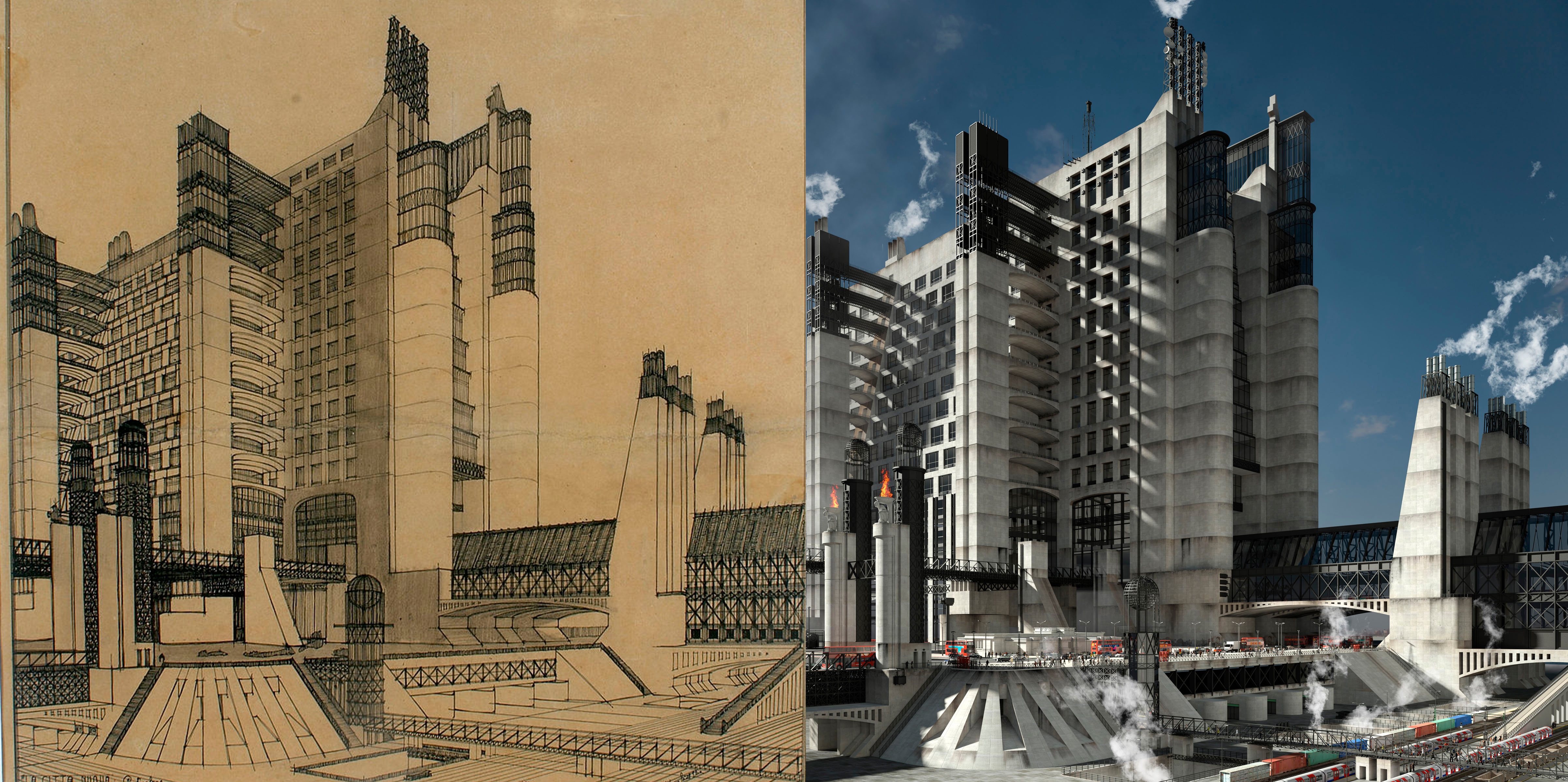 建築設計師Antonio Sant'Elia, 在1914設計的未來主義建築，右圖為網絡圖片，根據設計稿建模渲染。
