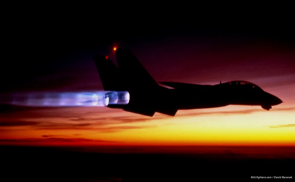 在晚霞中飞行的F-14