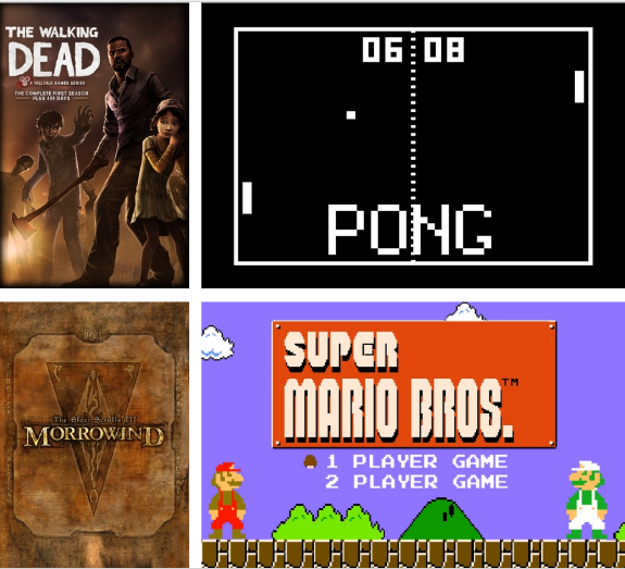 左上：《行尸走肉（The Walking Dead）》，Telltale Games, 2012；右上：《乓（Pong）》，Atari, 1972；左下：《上古卷轴：晨风（The Elder Scroll: Morrowind）》，Bethesda Game Studios, 2002；右下：《超级马里奥兄弟（Super Mario Bros.）》, Nintendo, 1985