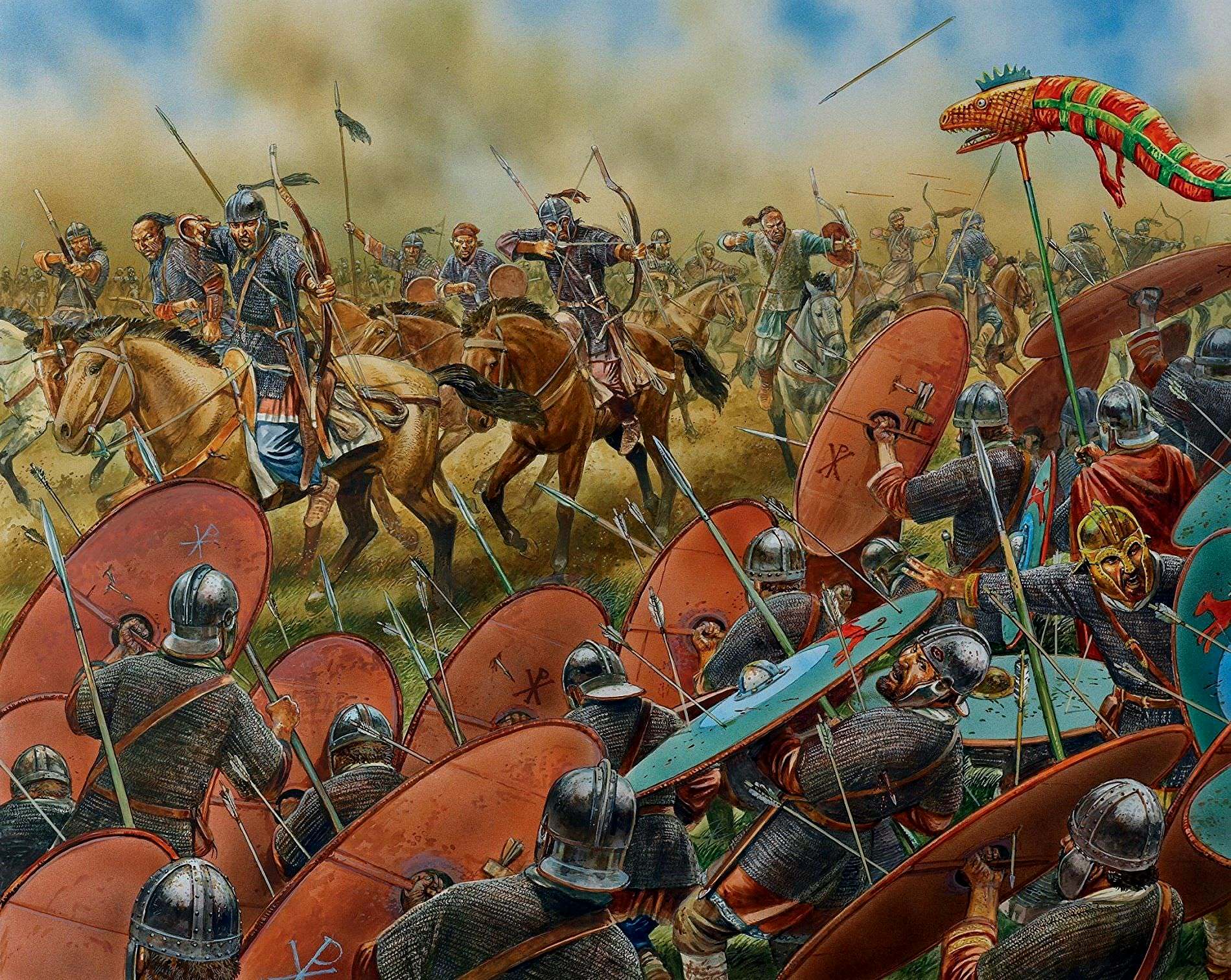 沙隆之战中射击西罗马步兵的匈人骑兵