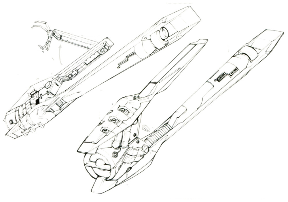 两片复合防御平衡翼的前部结构基本相同，而后半部分则有各自不同的设计：下方的复合防御平衡翼后方搭载了内含推进剂箱的大型推进器为机体提供推力。而上方则是用于抓取并固定搭载机的隐藏式机械手。