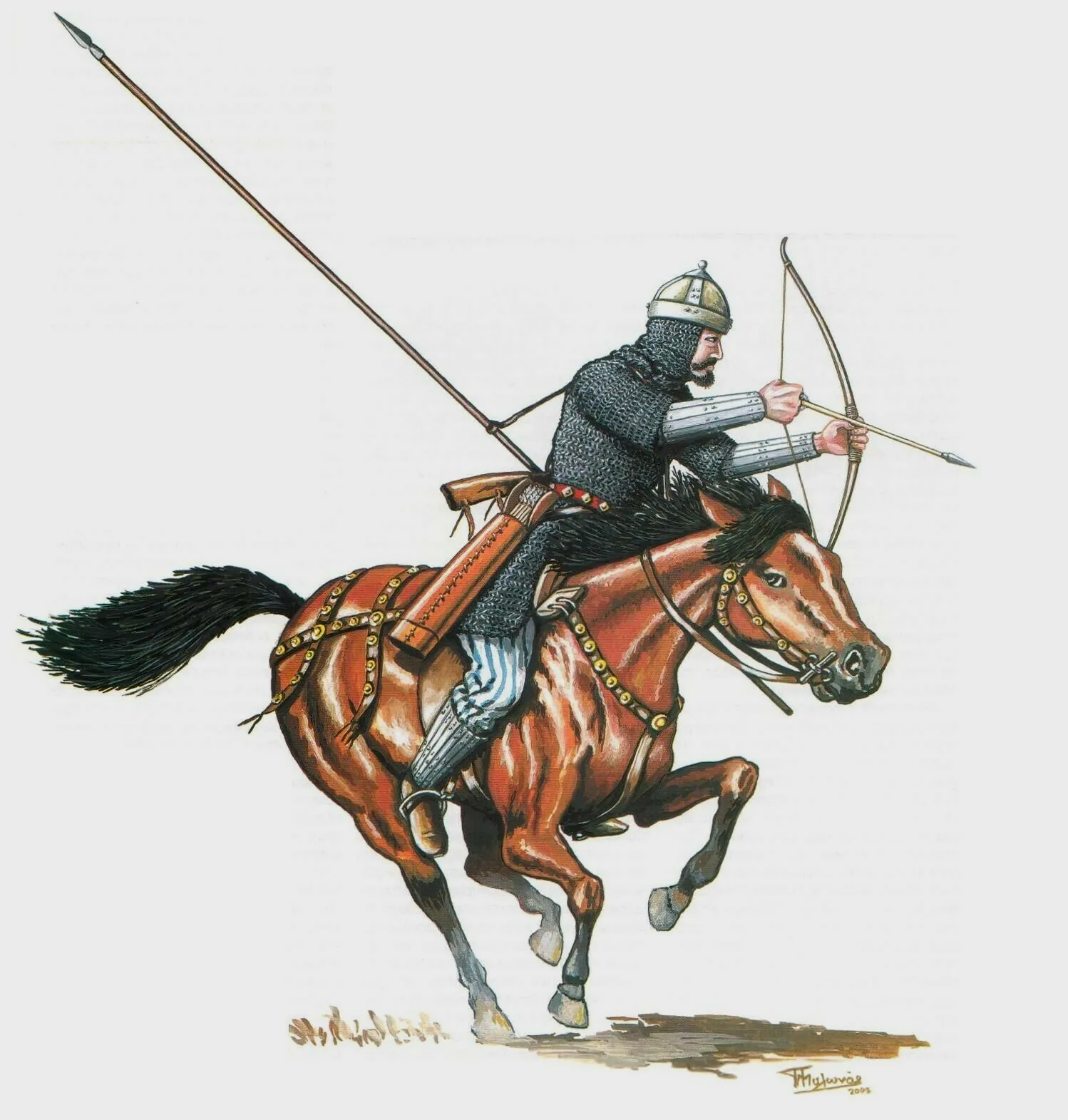 准备射箭的阿瓦尔重骑兵，他的长枪挂在身后，而且装备了全套盔甲和护臂、护胫