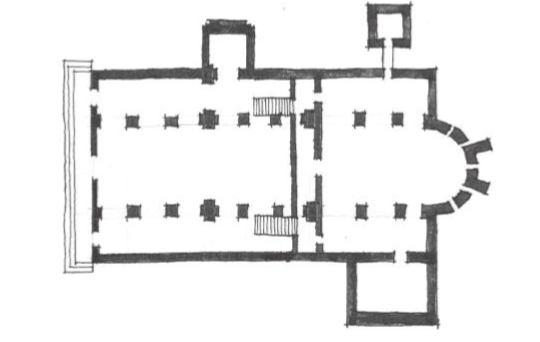 圖片1.20：意大利佛羅倫薩的聖米尼亞託（San Miniato al Monte）（建於1062年至1090年之間）的規劃是基督教大教堂規劃的典型，其中包括一個按等級劃分的行進空間，通向教堂後部的祭壇。