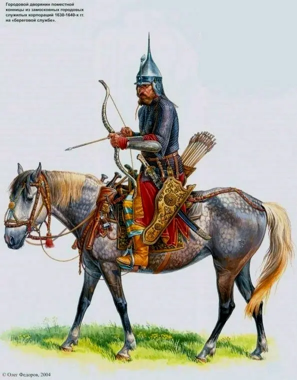 17世纪早期的沙俄骑兵，装甲是典型的突厥风格，许多换用了手枪而不是图中的弓箭