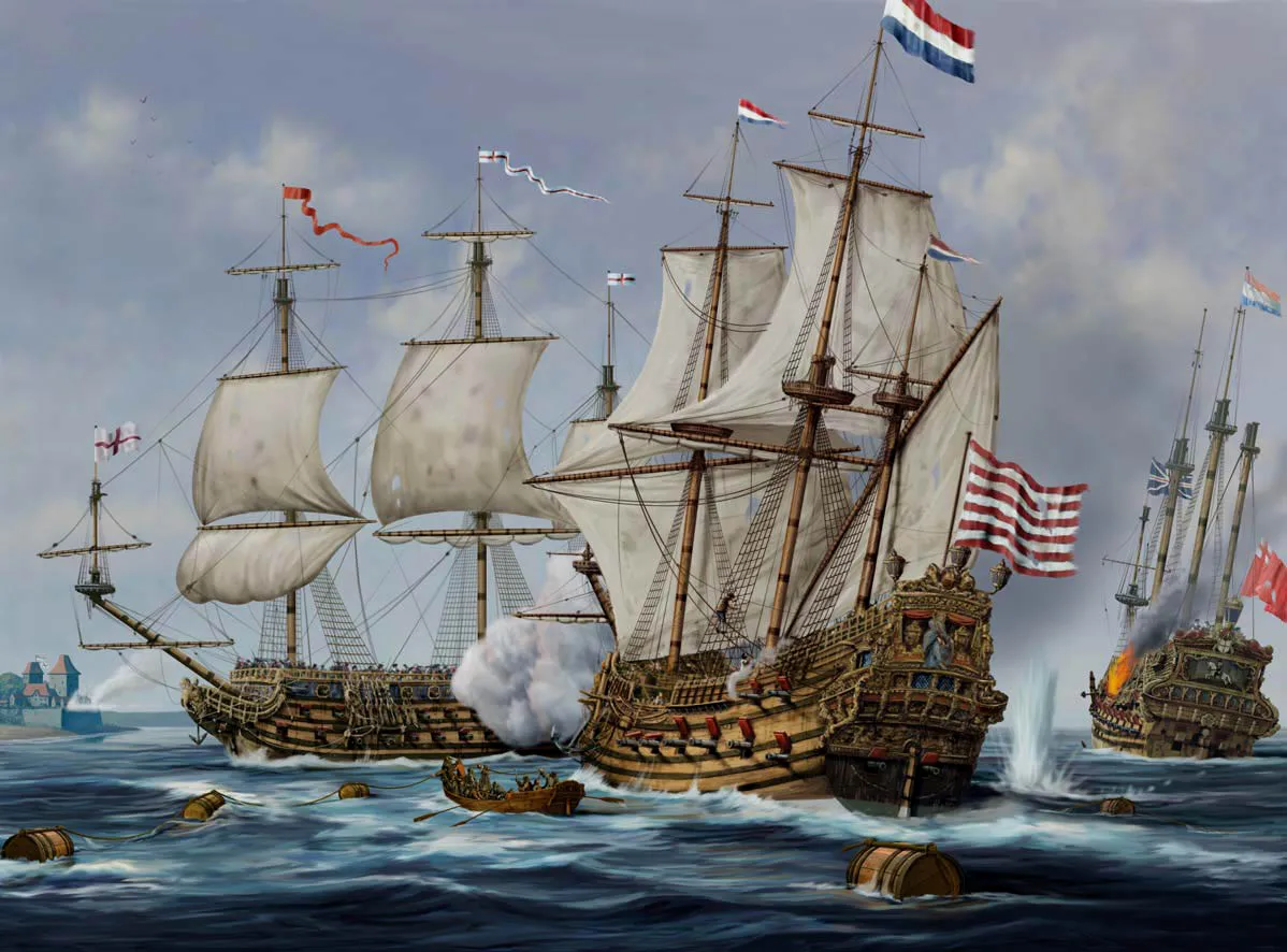 英军42炮护卫舰“团结”号正在和荷兰战舰“和平”号（Vrede）战斗。讽刺的是“团结”号本来是条荷兰战舰，名叫“协和”号（Eendracht），她最后又被荷兰人俘获了