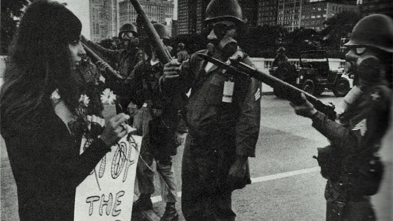 Troops interact with citizens during anti-war protests in Chicago, 1968.