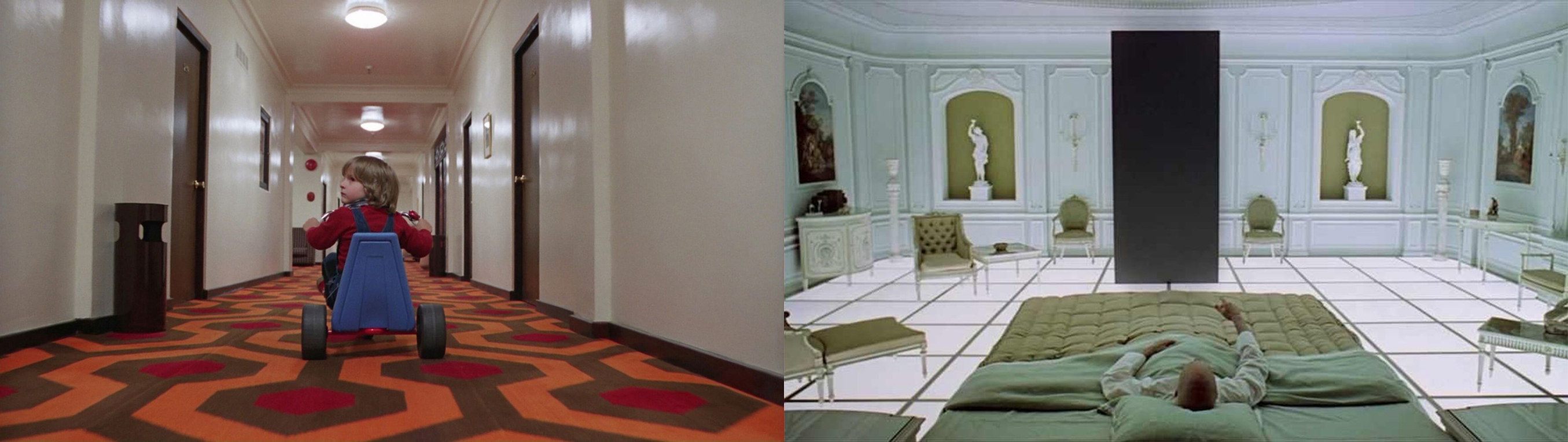 斯坦利·库布里克在《闪灵》与《2001：太空漫游》中，用对称式构图将再普通不过的一条走廊、一个房间，营造出令人毛骨悚然的不和谐感。（图片来源：电影剧照）