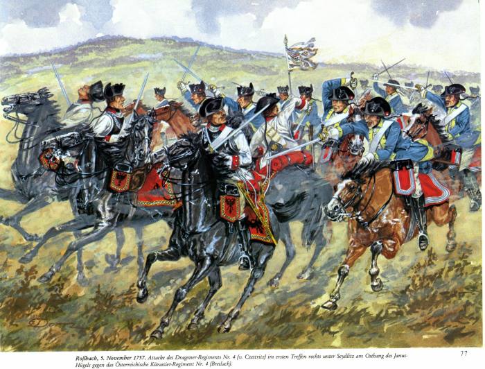 救援的奥地利胸甲骑兵受到塞德利茨的龙骑兵冲击