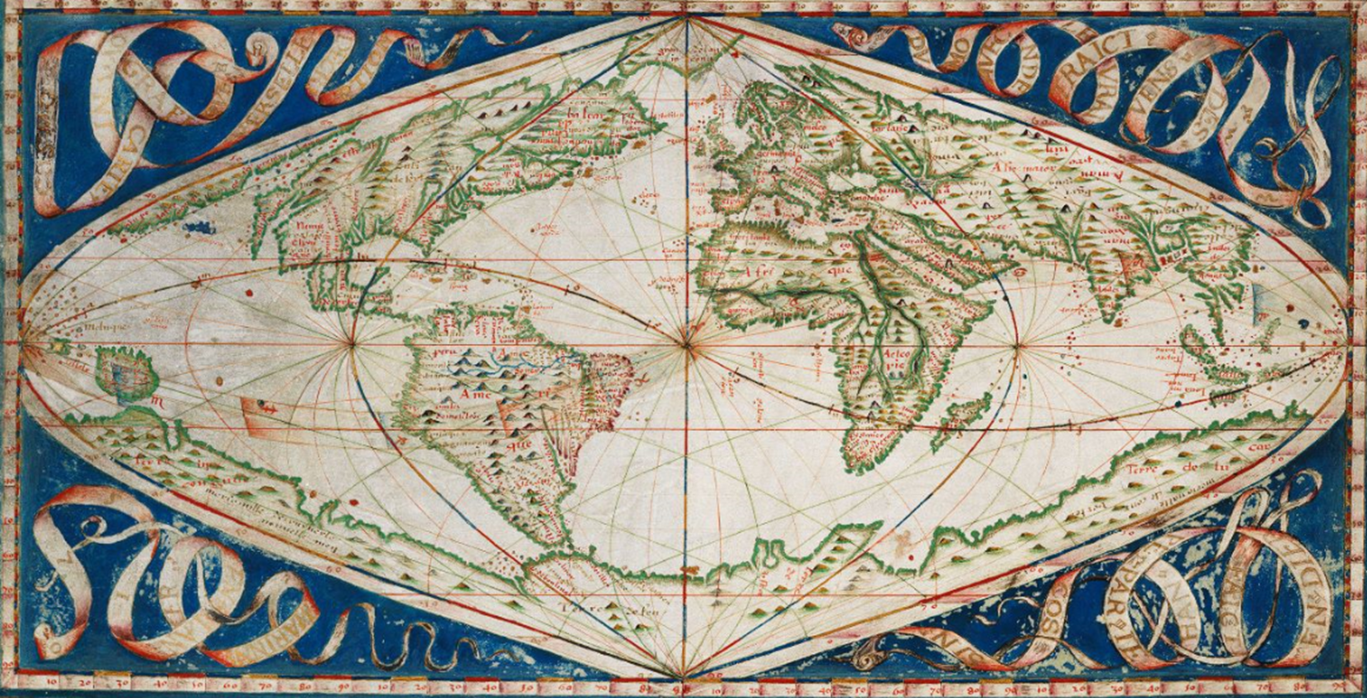 正弦投影的示例：Jean Cossin, Carte cosmographique ou Universelle description du monde, Dieppe, 1570
