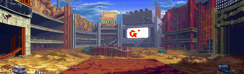 场景：V.A.格斗场家用机版背后的大屏幕上还会实时播放玩家对战的画面
