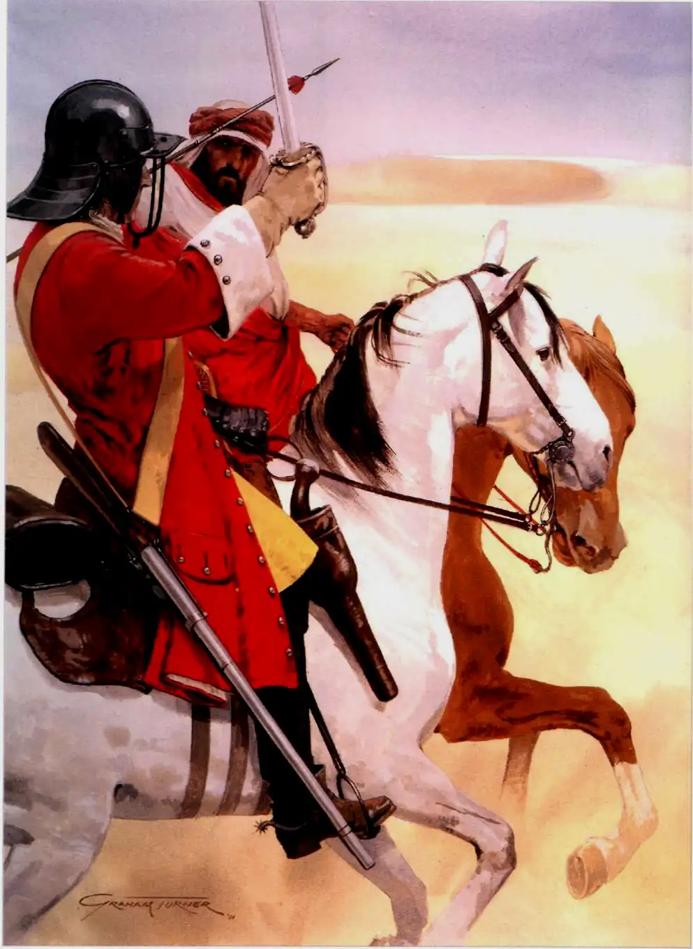 1680年，与摩洛哥人战斗的英国殖民骑兵，他在红色外套下穿着胸甲和皮衣，这种装束在本土骑兵中几乎消失了