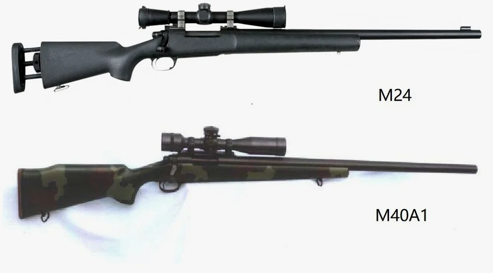 M24与M40A1,注意枪托的不同和M24枪口的准星基座