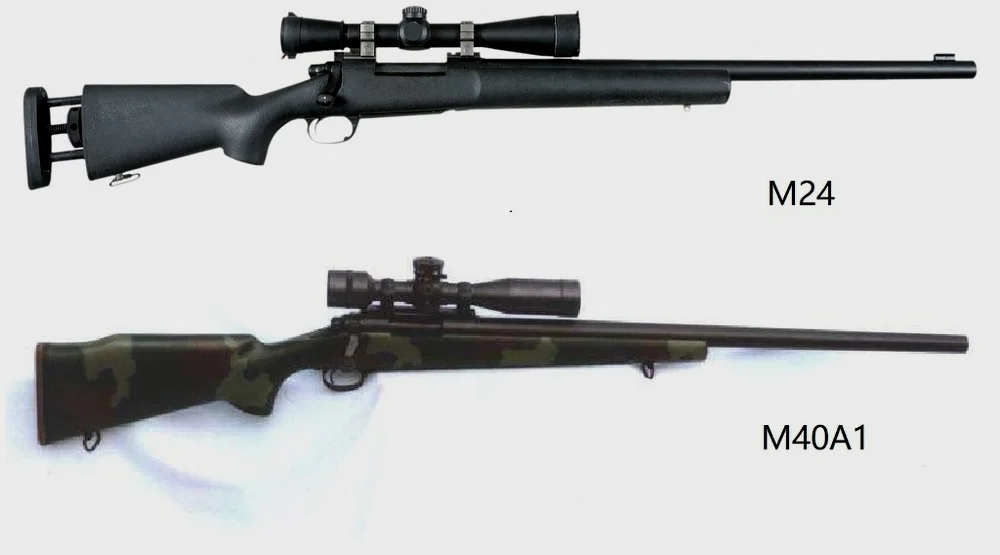 M24与M40A1,注意枪托的不同和M24枪口的准星基座