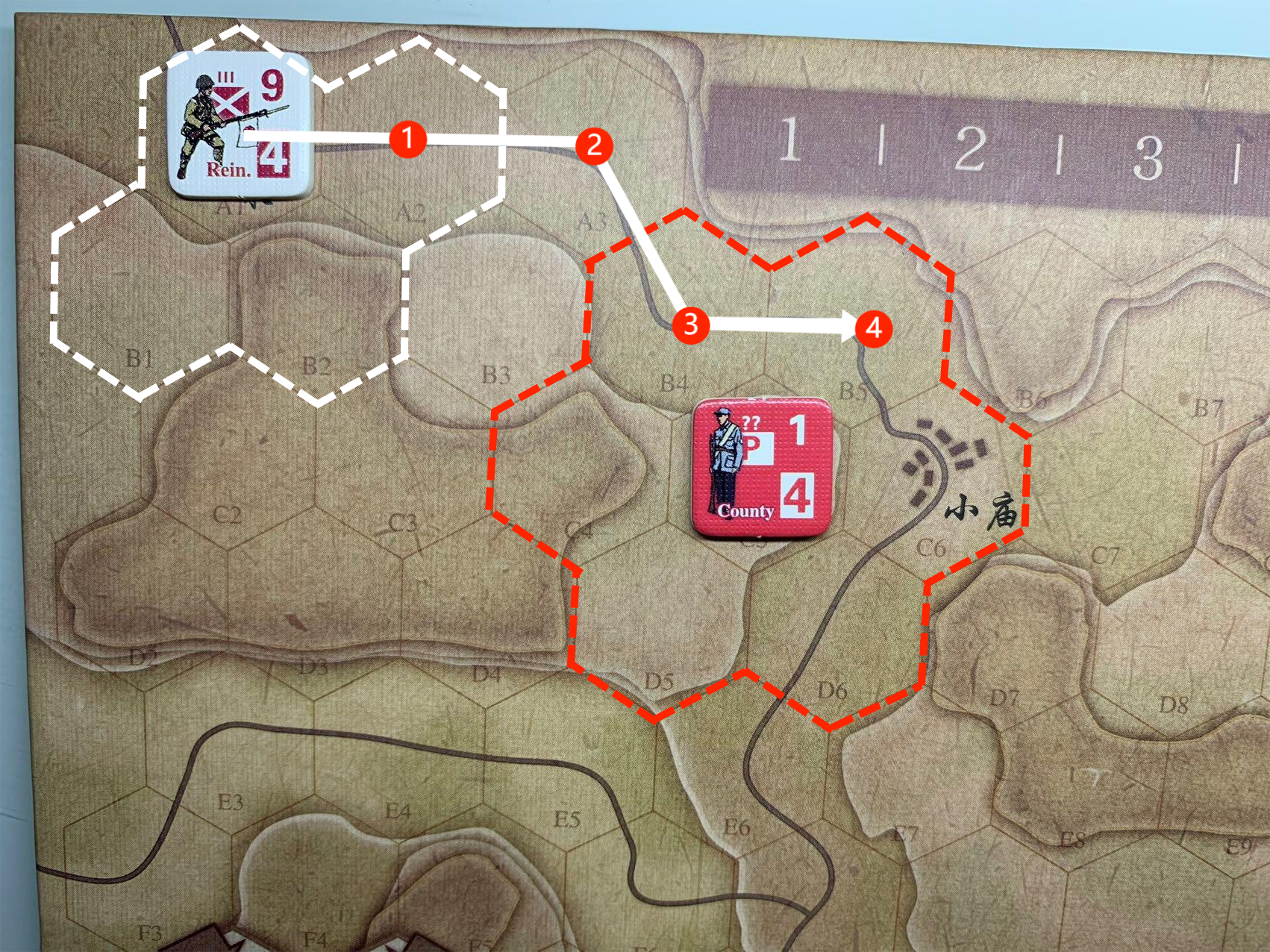 繼續使用同一個例子，假設現在是日軍移動階段，圖中左上方的日軍增援部隊計劃按照箭頭方向，沿道路移動4格，預計消耗全部移動力（算子右下方紅底白字的“4”）後將停留在B5