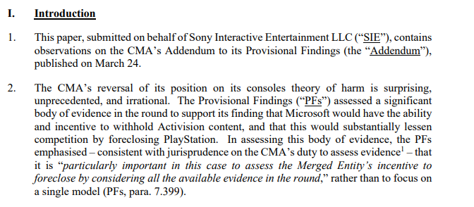 索尼回应文件中对CMA转变立场表示驳斥