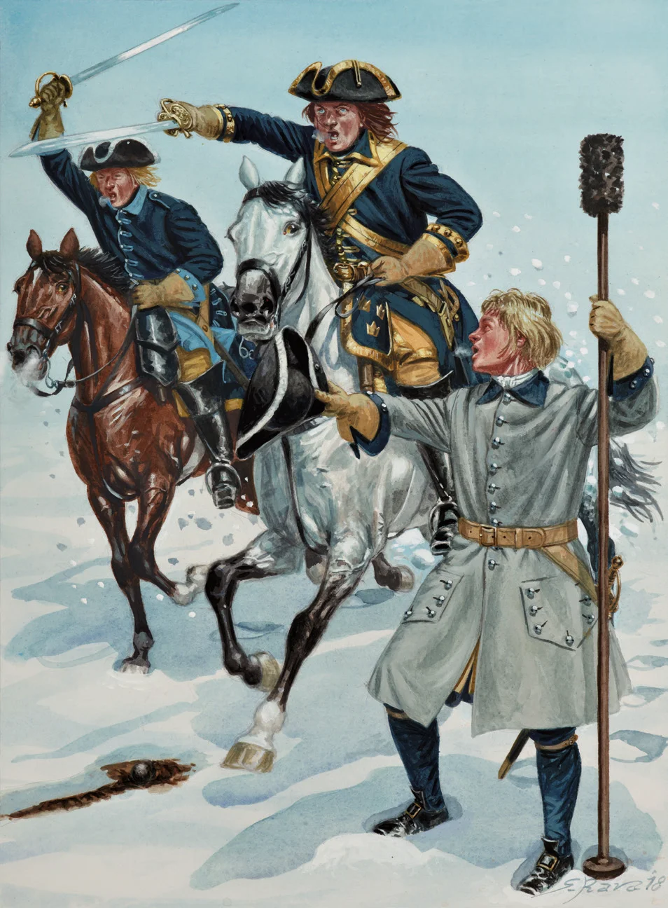 战斗中的瑞典骑兵，左为南斯堪尼亚团骑兵，中间为Drabands近卫骑兵