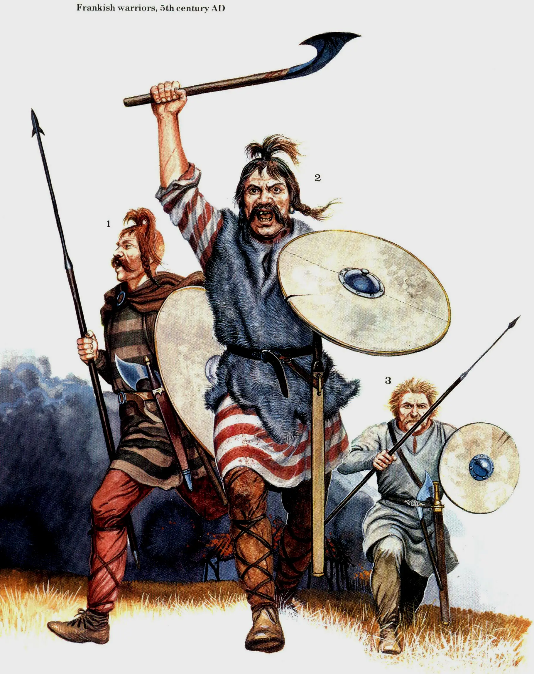 克洛维征服高卢战争时期的法兰克人，同时代不同作者对法兰克人的记录几乎完全相似，都提到法兰克人不穿盔甲，腰间系着腰带，腿部有皮甲或者布甲防御，以盾牌防身，使用飞斧和标枪战斗。法兰克人的标枪和罗马标枪（Pilum）类似，，有较长的铁枪头，卡在盾牌上时很难斩断