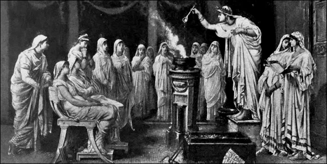 维斯塔贞女举行的祭祀仪式。虽然是后世根据文献所画，但在此可见仪式是在贞女同袍内部进行的。